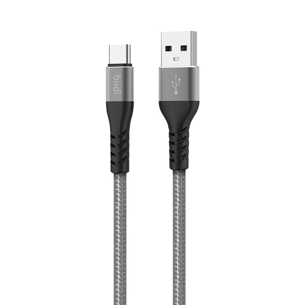Budi 2m Nylon Braided USB C Fast Charging Cable Grey